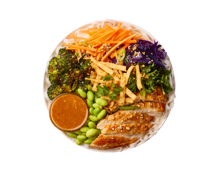 Buddha Satay Bowl with roasted chicken, rice noodles, spicy broccoli, carrots, braised red cabbage, kale, edamame, green onions, crispy fried onions, peanuts, sesame seeds, cilantro, crispy wontons and spicy peanut sauce