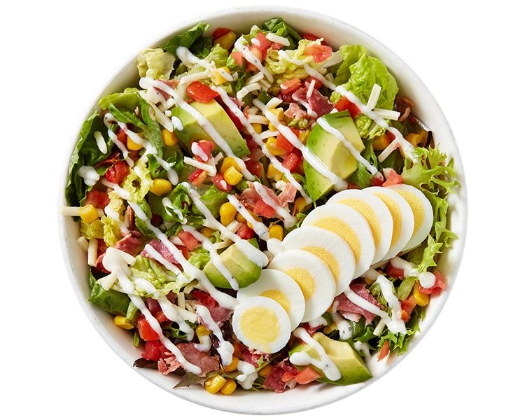 Cobb Salad at Freshii restaurant in Sundance SE Calgary β romaine, grilled chicken, bacon, avocado, egg, blue cheese, ranch dressing