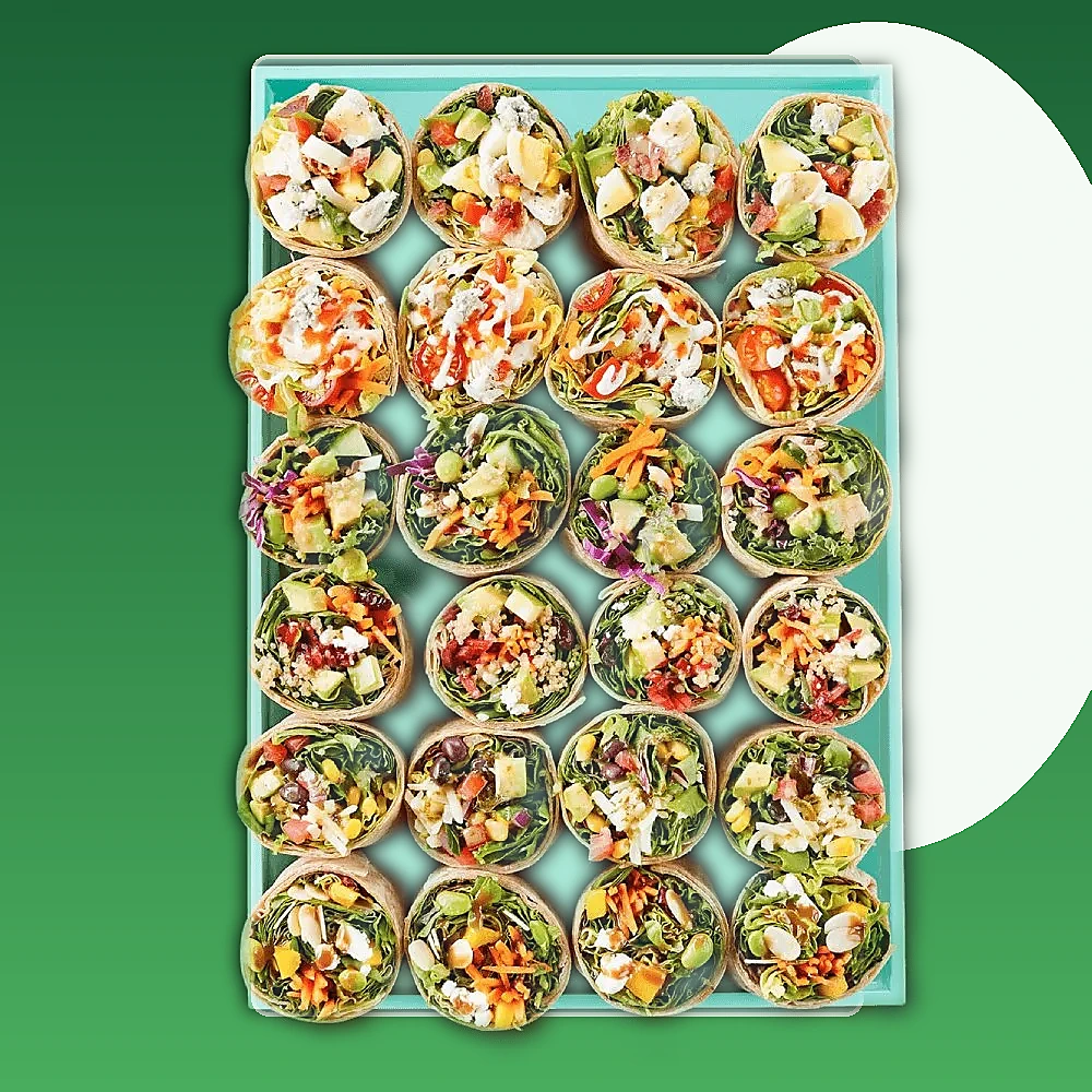 Freshii catering wrap platter at restaurant in Sundance SE Calgary — assorted wraps for corporate events and office lunches