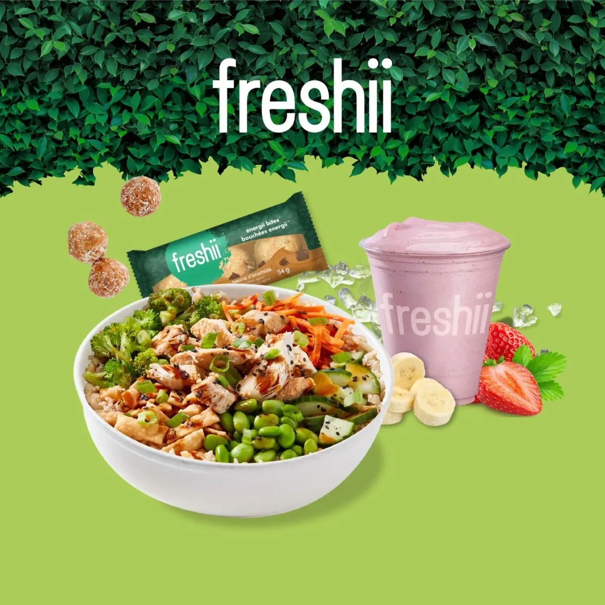 Freshii bowl, smoothie and Energii Bite meal combination