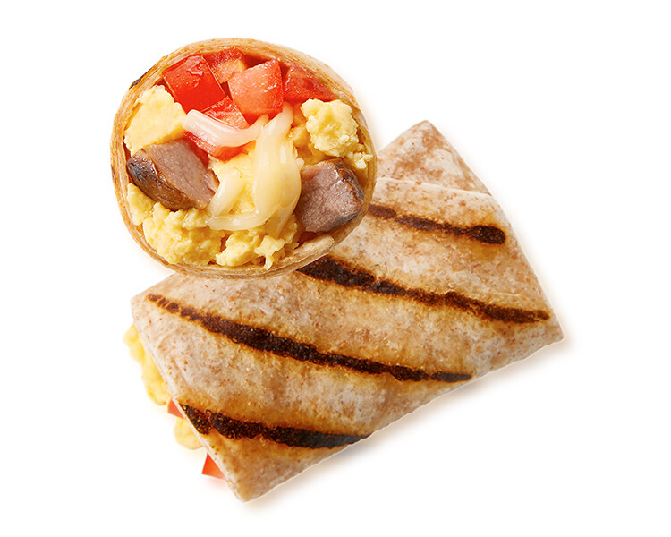 Freshii Sundance steak, egg and cheese breakfast roll, grilled and cut open