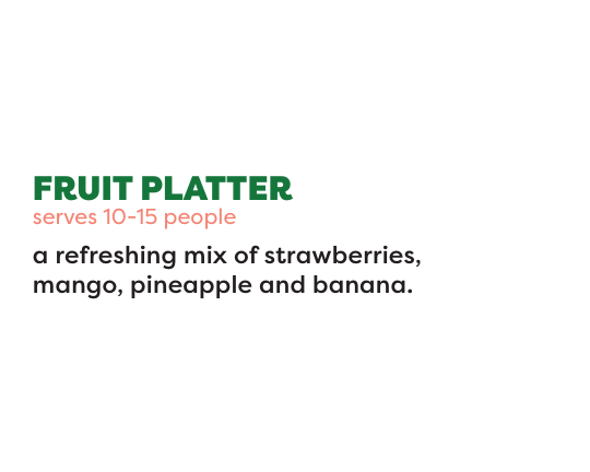 Official Freshii catering menu panel for a fruit platter with strawberries, mango, pineapple and banana, serving 10–15 people