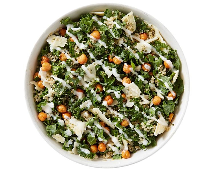 Kale Caesar Salad at Freshii restaurant in Sundance SE Calgary — kale, parmesan, croutons, grilled chicken, caesar dressing