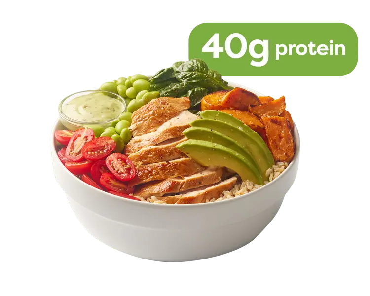 Freshii Macro Balanced bowl with chicken, spinach, brown rice, edamame and sweet potato