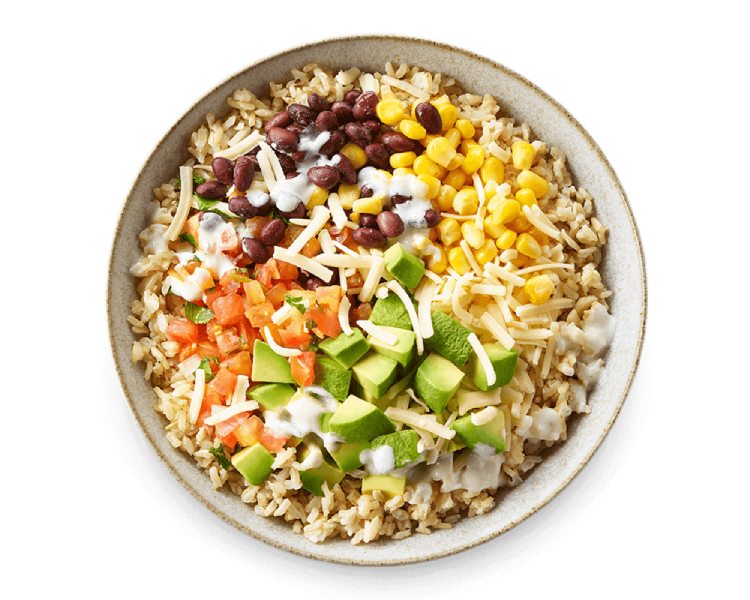 Oaxaca Bowl with brown rice, kale, avocado, beet slaw