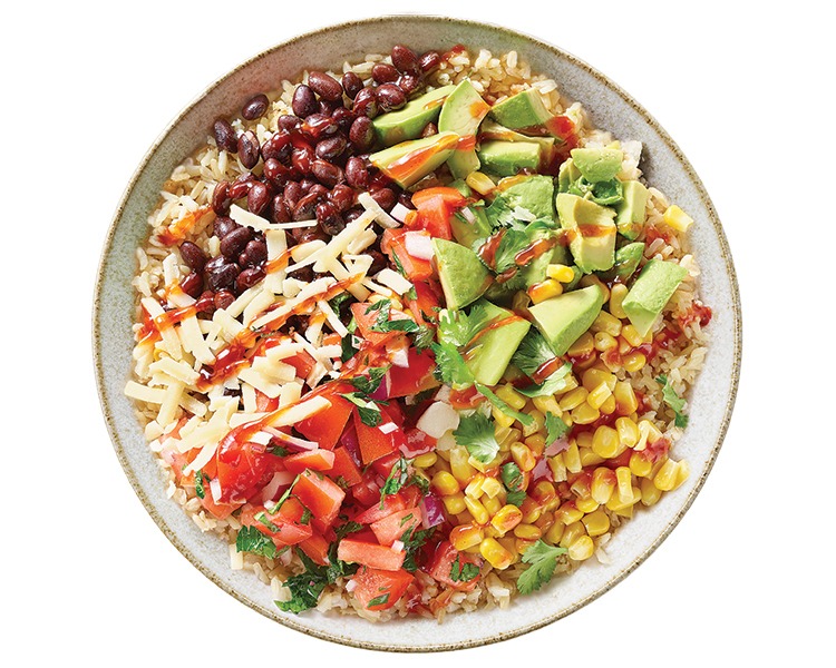 Pangoa Bowl at Freshii restaurant in Sundance SE Calgary β brown rice, grilled chicken, avocado, sweet plantains, black beans, tropical citrus dressing