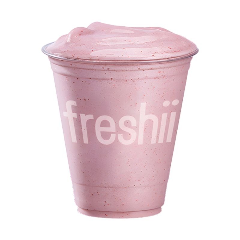 Strawberry Banana Smoothie at Freshii restaurant in Sundance SE Calgary — fresh blended fruit smoothie with strawberries and banana