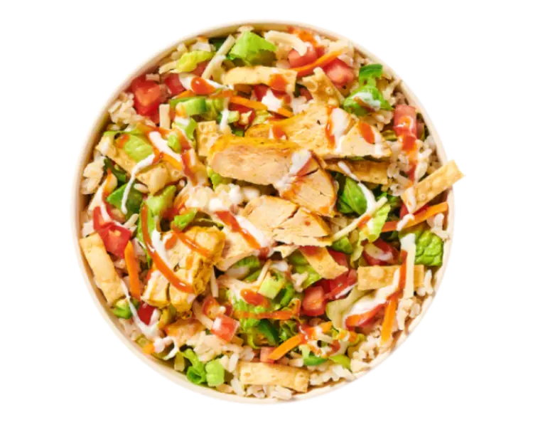 Freshii Teriyaki Twist bowl with chicken, brown rice, broccoli, cabbage and teriyaki sauce