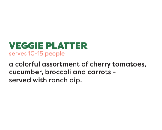 Official Freshii catering menu panel for a veggie platter with cherry tomatoes, cucumber, broccoli and carrots with ranch dip, serving 10–15 people